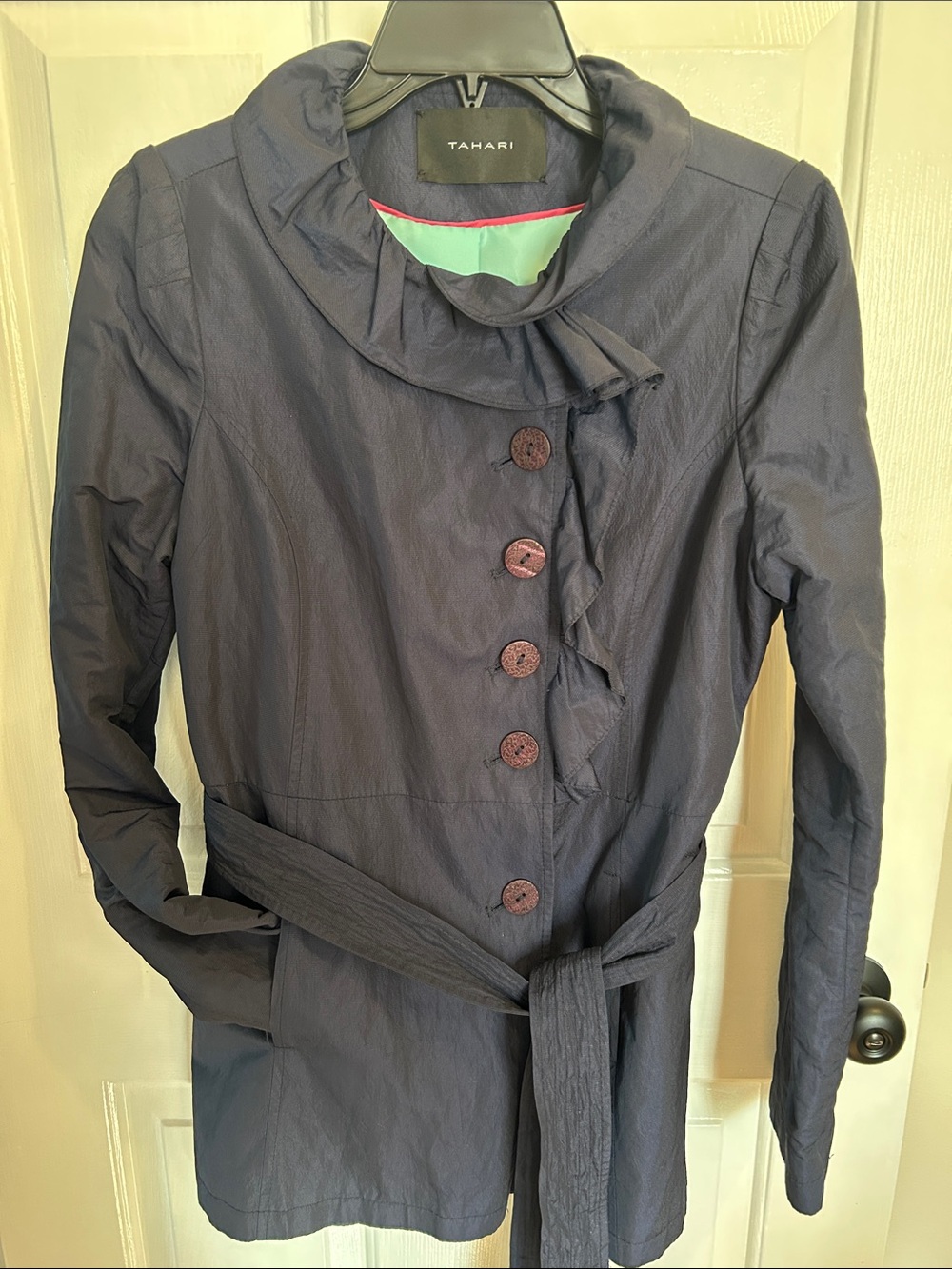 Tahari Navy Ruffle-Front Belted Utility Jacket